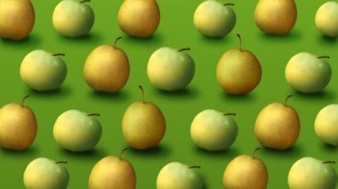 Yeşil arka plan üzerinde taze sarı elma ve armut renkli meyve deseni. 4k video.