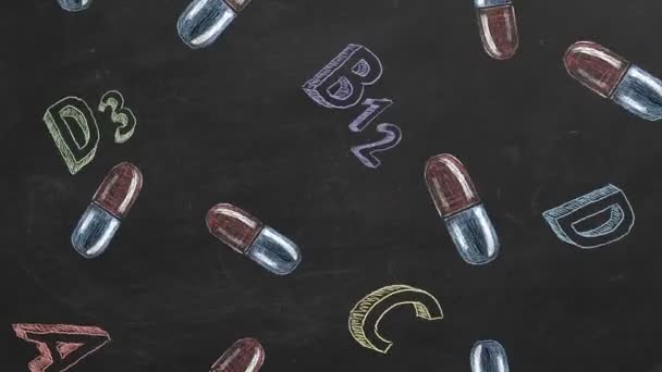 Píldoras Vitaminas Dibujadas Mano Nombres Una Pizarra — Vídeos de Stock