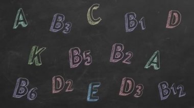 El çizimi ve animasyonlu vitamin isimleri tahta üzerinde. Hareket animasyonunu durdur.