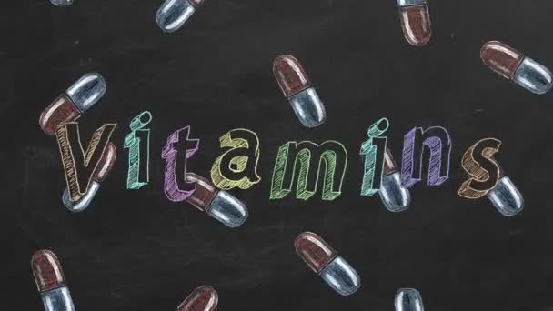 Hand Drawing Animated Text Vitamins Falling Pills Blackboard — Stock Video