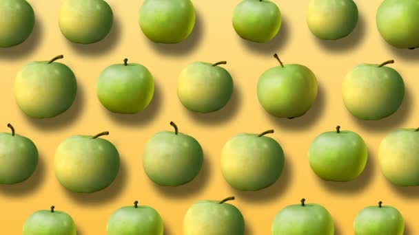 Patrón Colorido Frutas Manzanas Verdes Frescas Sobre Fondo Amarillo Vídeo — Vídeo de stock