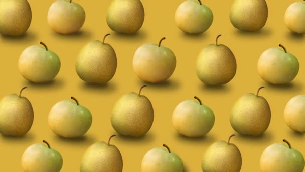 Πολύχρωμο Φρούτο Μοτίβο Φρέσκων Κίτρινων Μήλων Και Αχλαδιών Πράσινο Φόντο — Αρχείο Βίντεο