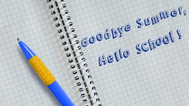 Tekst Vaarwel Zomer Hello School Handgeschreven Blad Van Notebook Geanimeerde — Stockvideo