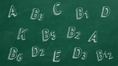 El çizme ve yeşil Chalkboard üzerinde animasyonlu vitaminler isimleri. Hareket animasyonunu durdur.