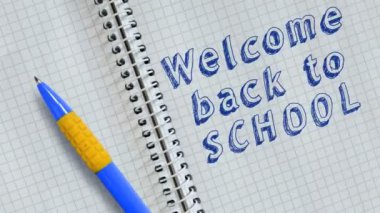 Metin geri okula hoş geldiniz defter ve animasyonlu sayfasında el yazısı.