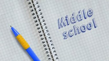 Metin Ortaokulu not defteri ve animasyonlu sayfaüzerine el yazısı.