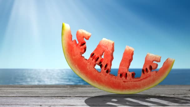 Word SALE  carved in a slice of watermelon  on the sea background.