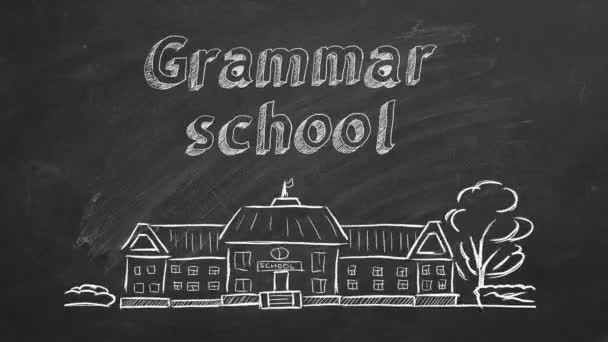 Skolbyggnad Och Bokstäver Grammar School Blackboard Handritad Skiss — Stockvideo