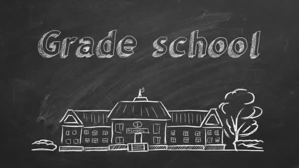 Schoolgebouw Belettering Grade School Blackboard Hand Getekende Schets — Stockvideo