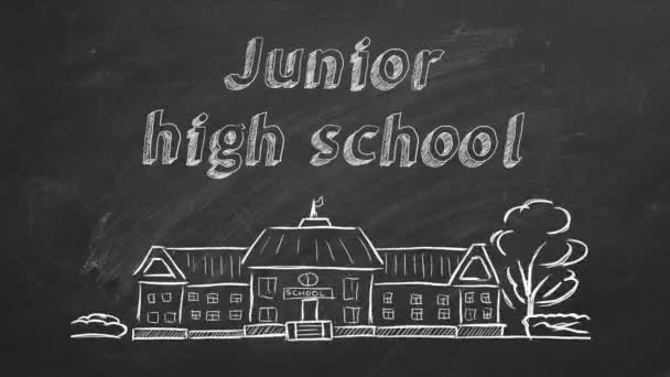 Skolbyggnad Och Bokstäver Junior High School Blackboard Handritad Skiss — Stockvideo