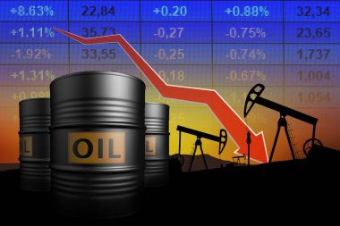 The collapse of the market and the stock exchange due to covid-19 coronavirus.  Oil barrels, oil pumps  and graphs. clipart