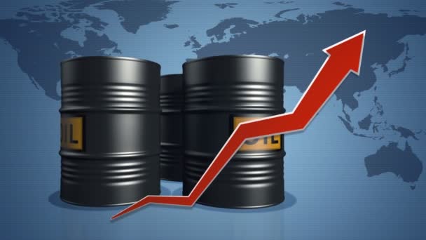 Три Барреля Красной Стрелкой Фоне Карты Мира Рост Цен Нефть — стоковое видео