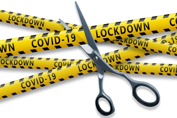 Koniec Pandemii Covida Nożyczki Przecięte Żółtymi Wstążkami Napisem Covid Lockdown — Zdjęcie stockowe