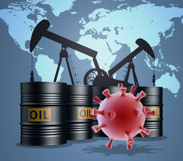 Коллаж Нефтяных Бочек Нефтяных Насосов Клетки Коронавируса Фоне Карты Мира — стоковое фото