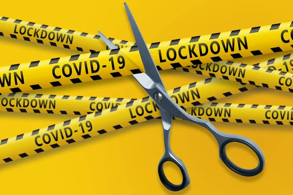 Covid 19大流行病的终结带有Covid Lockdown文字的剪断的黄色缎带 — 图库照片