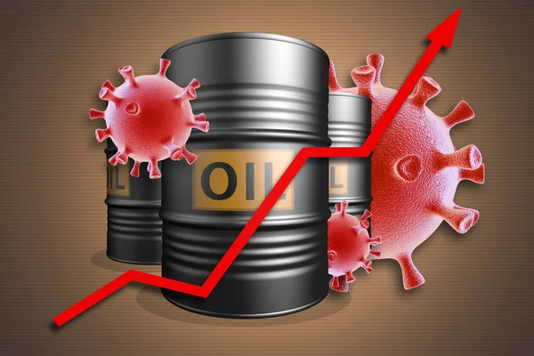 赤い矢印が付いている3つのオイルバレル 原油価格の上昇 — ストック写真