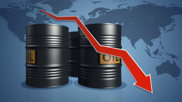 Tres Barriles Con Las Palabras Petróleo Rotan Sobre Fondo Mapa — Vídeos de Stock
