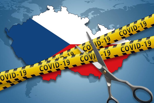 Lockdown is over concept.The end of the Covid-19 pandemic. Scissors cut a yellow ribbons with text Covid-19. 3D render