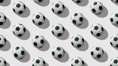 Büyük bir futbol topu grubunun animasyon arka planı. Toplar beyaz arka planda tepeden tırnağa çapraz yuvarlanır. Düz yerde, üst tarafta. Isome Manzarası. Kusursuz döngü videosu. 