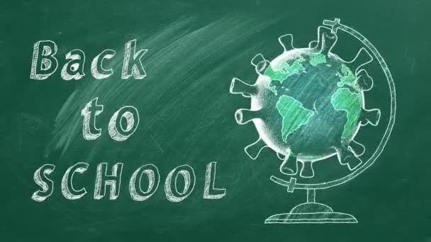 Back School Lettering Rotating Globe Shape Coronavirus Drawn Chalk Blackboard — Stock Video