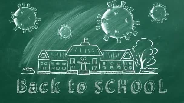 Schulgebäude Coronavirus Zellen Und Der Schriftzug Back School Sind Mit — Stockvideo