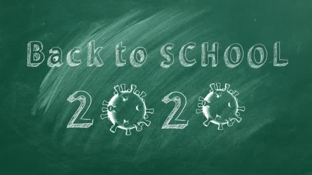 Hand Drawing Animated Text Back School 2020 Blackboard Covid Concept — Stock Video