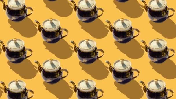 Background Large Group Old Teapots Stop Motion Animation Ceramic Teapots — Stock Video