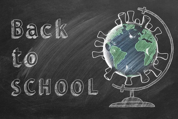 Back School Lettering Globe Shape Coronavirus Drawn Chalk Blackboard Covid — Stock Photo, Image