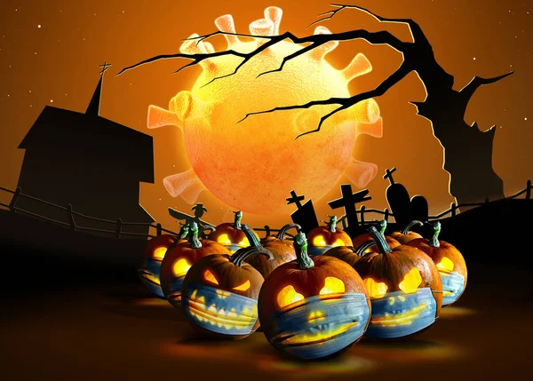 Calabazas Halloween Una Máscara Médica Protectora Fondo Del Cementerio Luna — Foto de Stock