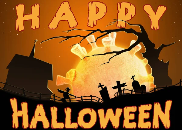 Spaventosa Scena Halloween Con Scritte Happy Halloween Luna Forma Coronavirus — Foto Stock