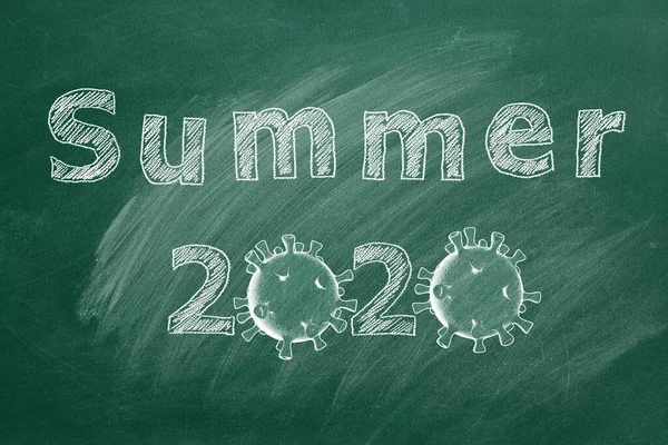 Hand Drawing Text Summer 2020 Green Chalkboard Covid Concept — Stock Photo, Image