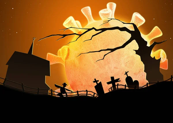 Escena Halloween Aterradora Con Luna Forma Coronavirus Árbol Viejo Cementerio — Foto de Stock