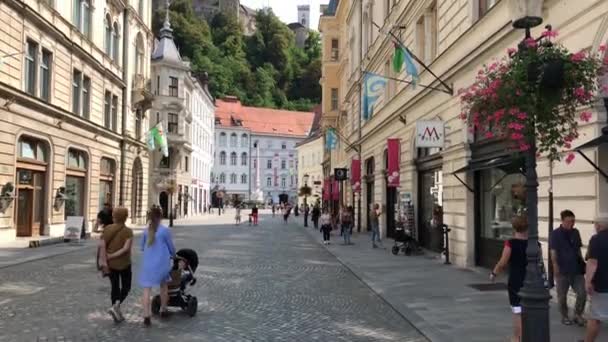 Lublana Słowenia Sierpień 2018 Widok Stritarjeva Ulica Lubljanie Zamkiem Tle — Wideo stockowe