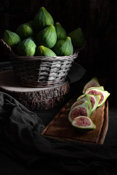 Still Life Figs Basket Old Wooden Table — Stock Photo, Image