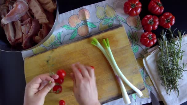 Woman Cuts Cherry Tomatoes Necessary Marinating Pork Ribs Together Spring — Stock Video
