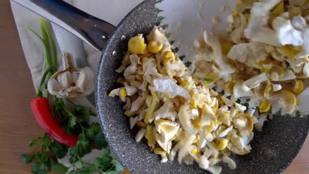 Cozinhar Cogumelos Ostra Dourada Cortados Pedaços Com Salsa Alho Vista — Vídeo de Stock