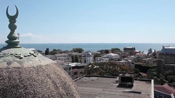 View Old Downtown Constanta Commercial Harbor Grand Mosque Cupola — Stock Video