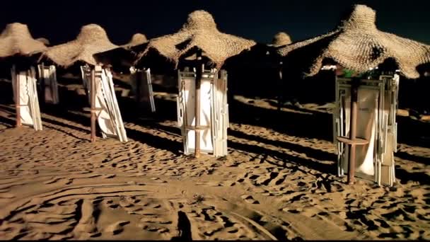 Sombrillas Paja Dispuestas Fila Una Playa Verano Por Noche — Vídeo de stock