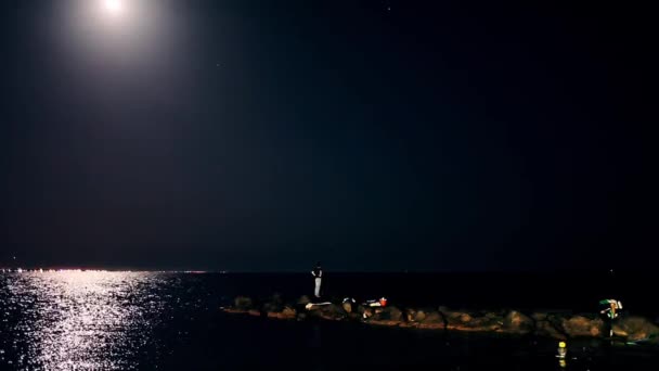 Jungen Angeln Auf Einem Damm Licht Des Vollmondes Einem Strand — Stockvideo