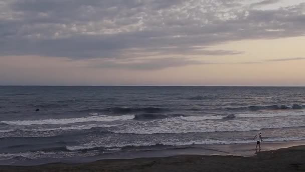 Мальчик Гуляющий Воде Пляжу Закате Летом — стоковое видео