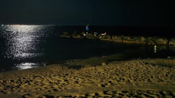 Niños Pescando Una Playa Por Noche Luz Luna Llena Personas — Vídeo de stock