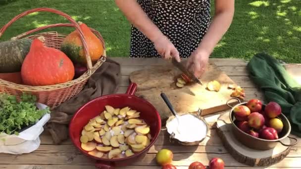 Vrouw snijden pruimen in stukken op een tafel in de tuin — Stockvideo