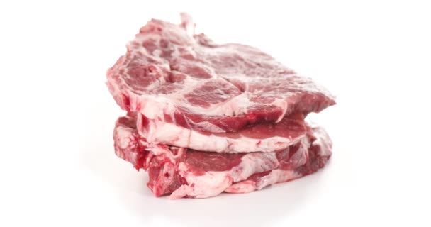 Pork Neck Steaks Rotating White Background — Stock Video