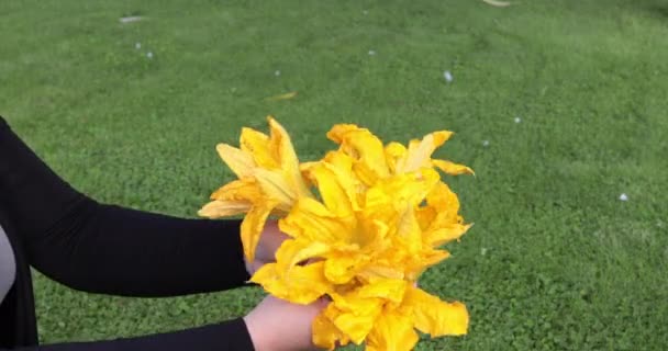 Kvinna Trädgården Gräsmattan Håller Bukett Zucchini Blommor Nyplockade Från Trädgården — Stockvideo