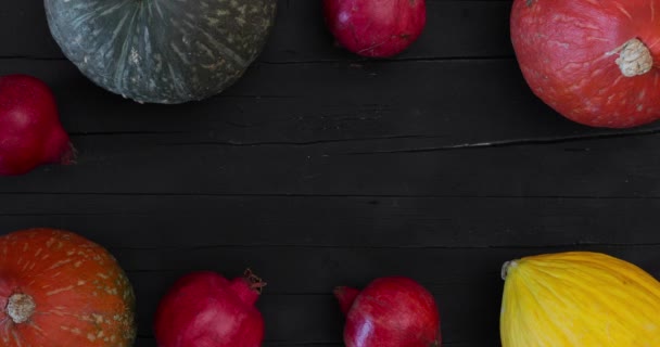 Thanksgiving Background Showing Animated Greeting Written Wooden Table Pumpkins Melon — Stock Video