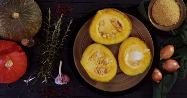 Ingredients Pumpkin Risotto Red Kury Squash Rice Herbs Spices Wooden — Stock Video
