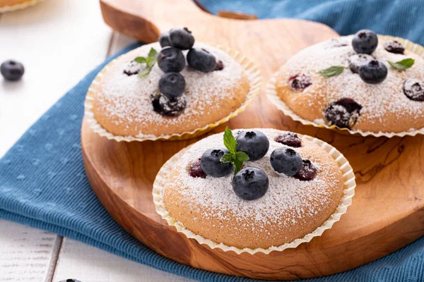 Closeup Blueberry Muffins Wooden Board Blue Kitchen Napkin — Stock Photo, Image