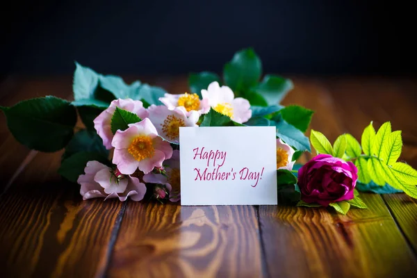 Belas rosas florescentes e um cartão de saudação para a mãe — Fotografia de Stock