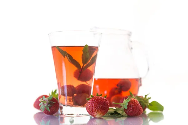 Sweet Compote Ripe Red Strawberries Glass Decanter White Background — Stock Photo, Image