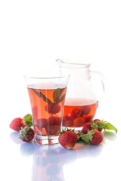 Sweet Compote Ripe Red Strawberries Glass Decanter White Background — Stock Photo, Image